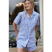 British Boxers Women's "Schoolhouse Blue" Gingham Crisp Cotton Short Pyjama Set in Light Blue | Size: Small