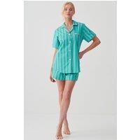 British Boxers Women's "New York Turquoise Stripe" Crisp Cotton Short Pyjama Set | Size: Large
