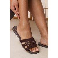 Where's That From Women's 'Alvita' Buckle Slide on Flat Suede Sandal in Dark Brown | Size: 4
