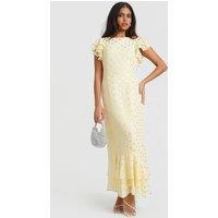 Needs No Label Women's Lemon Flutter Sleeve Foil Midaxi Dress | Size: 14