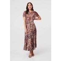 Izabel London Women's Animal Print Angel Sleeve Maxi Dress in Brown | Size: 16