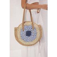 WOVCOR Women's Crochet Straw Round Beach Tote Bag with Contrast Centre in Natural