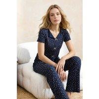 WOVCOR Women's Ditsy Floral Ribbon Detail Short Sleeve Cotton Ribbed Pyjama Set in Navy | Size: Medium