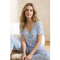 WOVCOR Women's Floral Lace Trim V Neck Short Sleeve Crinkle Knit Pyjama Set in Blue | Size: XL