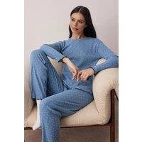 WOVCOR Women's Pointelle Knit Round Neck Long Sleeve Cotton Ribbed Pyjama Set in Blue | Size: XL