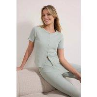 WOVCOR Women's Button Through Round Neck Short Sleeve Cotton Ribbed Pyjama Set in Mint | Size: Small