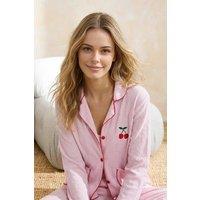 WOVCOR Women's Cherry Embroidered Contrast Piping Long Sleeve Knit Pyjama Set in Pink | Size: Small