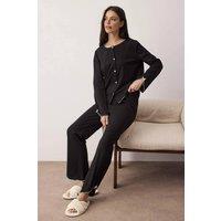 WOVCOR Women's Contrast Trim Button Through Long Sleeve Cotton Knit Pyjama Set in Black | Size: XL