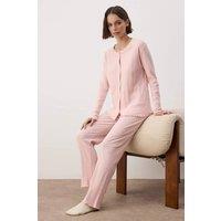 WOVCOR Women's Button Through Pointelle Ribbed Long Sleeve Knit Pyjama Set in Pink | Size: Small