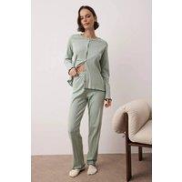 WOVCOR Women's Button Through Pointelle Ribbed Long Sleeve Knit Pyjama Set in Mint | Size: Medium