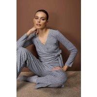 WOVCOR Women's Wrap Tie V Neck Long Sleeve Ribbed Knit Wide Leg Loungewear Set in Grey | Size: Medium