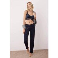 WOVCOR Women's Lace Trim Strappy Velvet Bralette & Jogger Pyjama Set in Navy | Size: XL