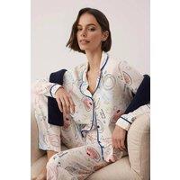 WOVCOR Women's Cafe Print Contrast Piping Revere Collar Long Sleeve Pyjama Set | Size: XS