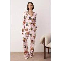 WOVCOR Women's Tiger Print Revere Collar Long Sleeve Cotton Knit Pyjama Set | Size: XS