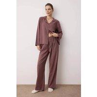 WOVCOR Women's Revere Collar Long Sleeve Cotton Flannel Woven Wide Leg Pyjama Set in Burgundy | Size: 12