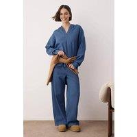 WOVCOR Women's Hooded Button Placket Cotton Waffle Knit Wide Leg Loungewear Set in Blue | Size: Small