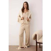 WOVCOR Women's Crinkle Textured Revere Collar Long Sleeve Knit Wide Leg Pyjama Set in Stone | Size: Medium
