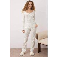 WOVCOR Women's Ditsy Floral Lace Trim Scoop Neck Long Sleeve Ribbed Pyjama Set in White | Size: Medium