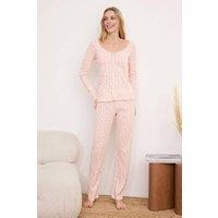 WOVCOR Women's Ditsy Floral Lace Trim Scoop Neck Long Sleeve Ribbed Pyjama Set in Pink | Size: Medium