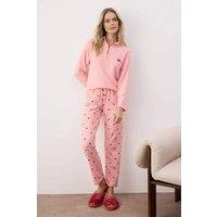 WOVCOR Women's Cherry Embroidered Zip Neck Long Sleeve Waffle Knit Pyjama Set in Pink | Size: Large