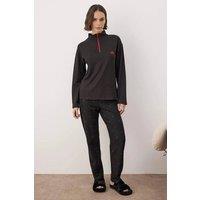 WOVCOR Women's Cherry Embroidered Zip Neck Long Sleeve Waffle Knit Pyjama Set in Black | Size: Medium