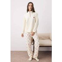 WOVCOR Women's Cherry Embroidered Zip Neck Long Sleeve Waffle Knit Pyjama Set in Ecru | Size: XL