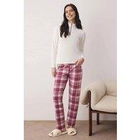 WOVCOR Women's Zip Neck Waffle Knit Top & Check Flannel Trouser Pyjama Set | Size: XL