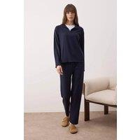 WOVCOR Women's Zip Neck Long Sleeve Waffle Knit Wide Leg Winter Pyjama Set in Navy | Size: XL