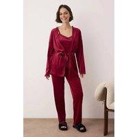 WOVCOR Women's Lace Trim Velvet Cami Belted Robe & Trouser 3-Piece Pyjama Set in Burgundy | Size: Small