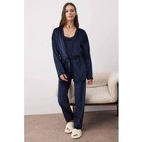 WOVCOR Women's Lace Trim Velvet Cami Belted Robe & Trouser 3-Piece Pyjama Set in Navy | Size: Large