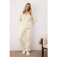 WOVCOR Women's Floral Embroidered V Neck Button Through Ribbed Knit Pyjama Set in Ecru | Size: Medium