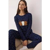 WOVCOR Women's Teddy Bear Applique Polka Dot Knitted Long Sleeve Pyjama Set in Navy | Size: Large
