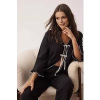 WOVCOR Women's Bow Tie Cotton Muslin Contrast Trim Long Sleeve Pyjama Set in Black | Size: 10