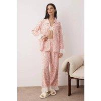 WOVCOR Women's Floral Viscose Woven Lace Trim Long Sleeve Pyjama Set in Pink | Size: 8