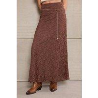 WOVCOR Women's A-Line Lace Maxi Skirt with Chain Belt Detail in Brown | Size: Large