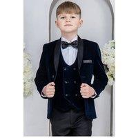 Vivaki Men's 5 Piece Navy Velvet Tuxedo Suit | Size: 14-15 Years