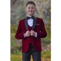 Vivaki Men's 5 Piece Wine Velvet Tuxedo Suit | Size: 14-15 Years
