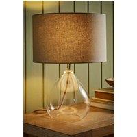 ValueLights Eloise Natural Linen Drum Shade Clear Glass Teardrop Table Lamp