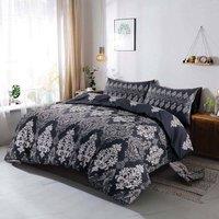 Homes-Linen Tanya Floral Printed Reversible Stripe Duvet Cover Set in Black | Size: Single