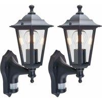 First Choice Lighting Set of 2 Eversham - Black Six Sided Lantern PIR Sensor Outdoor Lights