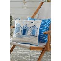 Fusion 'Beach Huts' Outdoor Water & UV Resistant Garden Filled Bench Cushion in Blue | Size: 43 cm x 43 cm