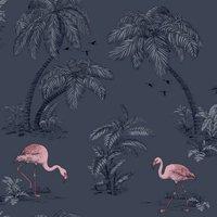 Holden Dcor Lake Flamingo Wallpaper in Dark Blue