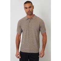 Threadbare Men's Basket Stitch Short Sleeve Knitted Polo in Taupe | Size: Medium