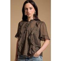 Oasis Women's Tie Neck Frill Babydoll Blouse in Khaki | Size: 10