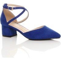 AJVANI Women's Mid Block Heel Crossed Strap Pointed Toe Faux Suede 2 Part Heels in Cobalt | Size: 8