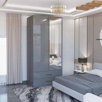 MN Furniture Modern High Gloss Mirrored Wardrobe with Drawers 80cm x 200cm in Grey | Size: 80 cm x 200 cm