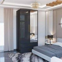 MN Furniture Modern High Gloss Mirrored Wardrobe with Drawers 80cm x 200cm in Black | Size: 80 cm x 200 cm