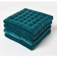 Homescapes 4 Pack Seat Pads Luxury Cotton Velvet Indoor Outdoor Garden Cushion, 40cm in Teal | Size: 40 cm x 40 cm
