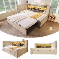 Matteo Linen Upholstered Daybed with Trundle, Storage & USB/LED - Beige | Size: Single