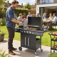 OUTSUNNY Burner Gas BBQ Grill, Gas Barbecue Trolley with Side Table, Black